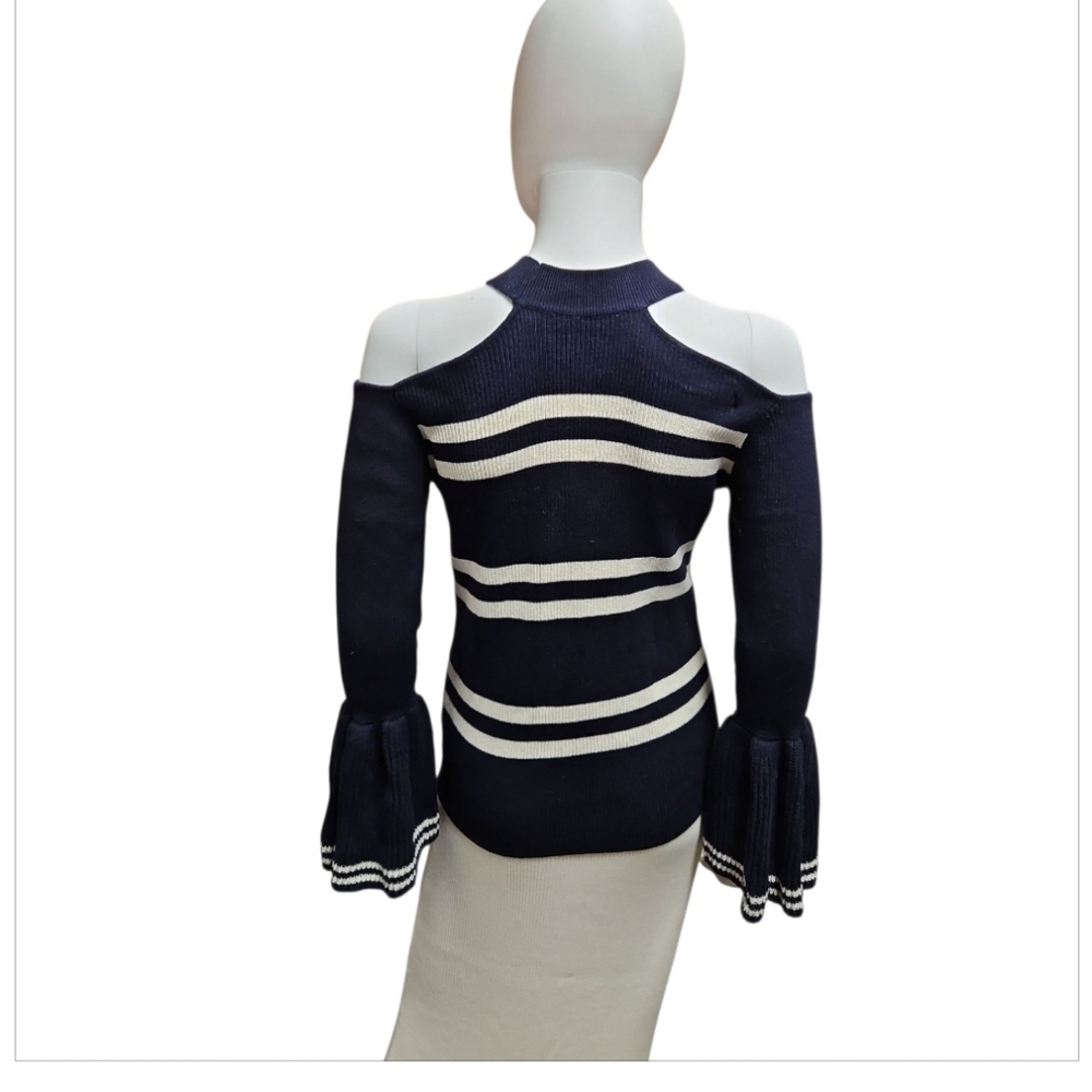 SELF-PORTRAIT | Cold Shoulder Striped Ruffle Sweater in Size Medium - Picture 4 of 9